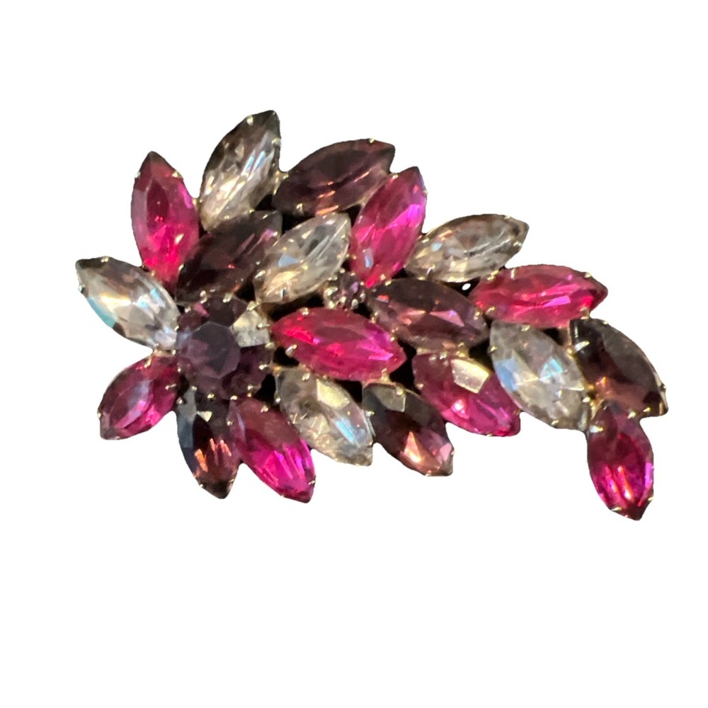Juliana Style Brooch Pin Purple Pink Clear Stones Rhinestone Gold Tone Vtg